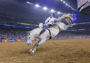 Shot at the Redeo in Texas of a man riding a horse 
