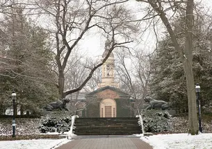 A dusting of snow is on the ground and the tigers flanking a staircase leading to Nassau Hall.
