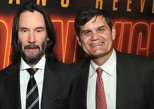 Jason Constantine ’92, right, and Keanu Reeves at the New York premiere of John Wick: Chapter 4 in March 2023.