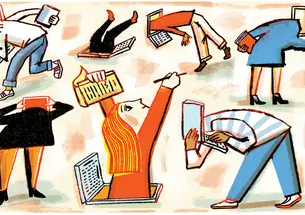 Illustration of students trapped in computer screen, breaking free from computer screens and wrestling with computer screens