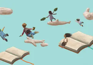 Illustration of children flying through the sky and clouds surrounded by books