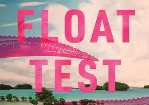 Blue skies and clouds at top and an ocean and island with trees visible in the distance. Pink Alligator tails stick out on the corners.