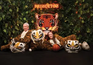 Along with sharing their stories, former mascots Tom Culp ’69, left, and Emily Henkelman ’04 agreed to suit up again.