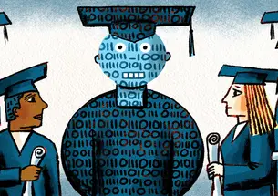 illsutration of a digital student whose bidy is made up of all ones and zeros standing in front of a group of actual studetns who are graduating as they stare in astonishment