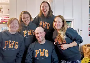 From left, Blair Hurley ’09, Sash Bischoff ’09, Lovell Holder ’09, Laura Hankin ’10, and Daria Lavelle ’09 at a writers retreat the group held in Princeton in December 2024 to celebrate that they each were officially published authors.