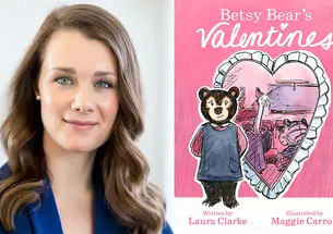 Laura Clarke and the pink cover of her book, featuring an illustration of a heart and a bear.