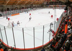 Wide view of a men's ice hockey game at Princeton's Baker Rink 