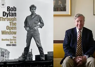 Left, Sean Wilentz; right, an album cover featuring a black and white photo of a young Bob Dylan with his hands on his hips.