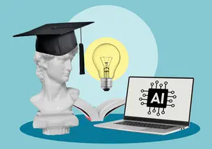 Illustration of a roman statue with a graduation cap, a book, a lightbulb and a laptop using an AI app