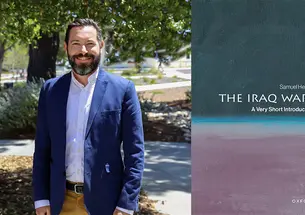 Samuel Helfont *15 and the cover of his book, "The Iraq Wars."