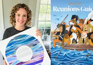 Adriana Saipe ’07 and the cover of PAW's Reunions Guide 2026, featuring "Tiger Crossing the Delaware."