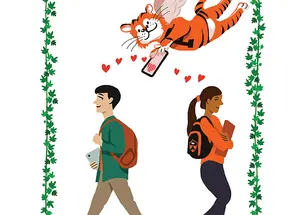 Illustration of two college students walking in opposite directions, framed by a green ivy border. Above them, a winged tiger mascot flies while holding a phone with a heart on the screen, surrounded by small red hearts. The male student carries a backpack and tablet, and the female student carries books and wears a backpack with a tiger logo.