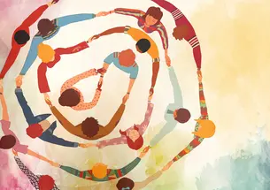 illustration of group of people holding hands and forming a circle