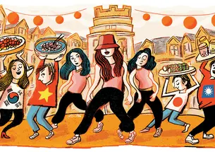 Illustrated street scene with six women walking and dancing through a row of traditional buildings while carrying trays of food and drinks. The group represents different Asian cultures through clothing and symbols, including South Korean, Vietnamese, Japanese, and Taiwanese flags. Dishes shown include skewers, bubble tea, and plated meals. Warm orange and pink tones, hanging lanterns, and playful line art create a lively festival atmosphere.