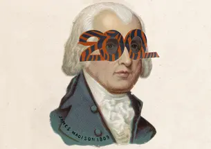 Illustration of James Madison painting with Alumni Association 200 glasses on