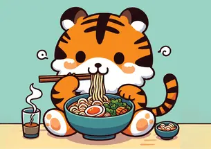 Illustration of cute tiger eating noodles