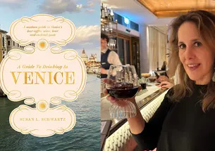 Susan Schwartz ’88 holds up a glass of wine in a bar, next to the cover of her book "A guide to drinking in Venice."