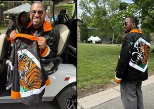 Split image of Zavier Foster riding in a golf cart holding up his jacket (left) and wearing it (right).