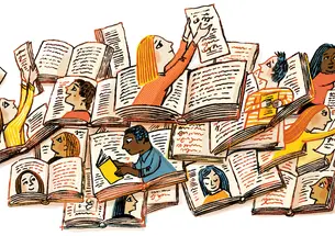 OTC_Student Dispatch Book Fair.jpg Illustration of diverse readers emerging from a pile of open books, reaching for pages and reading in different poses. The whimsical scene features stacked books with faces and figures nestled among them.