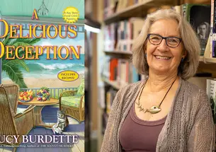 Roberta Isleib ’75 and the cover of her book, "A Delicious Deception," featuring an illustration of wicker furniture on a porch.