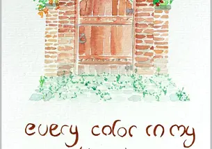 Water color of a wooden door and brick building with greenery around it. 