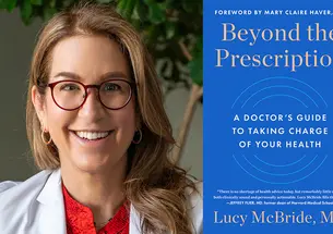 Lucy McBride and the blue cover of her book, Beyond the Prescription.