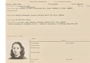Typewritten card and passport-size photo from Nazik Sadek al-Malaika *51&rsquo;s graduate school records