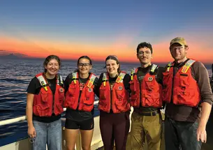 Ottilie Sykes &rsquo;27, second from left, collected seawater samples on a four-week Atlantic research cruise in 2025. She continued her work in the lab this summer.