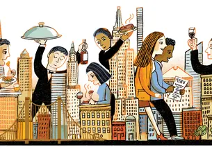 Illustration of diverse diners enjoying food and drinks among a stylized New York City skyline, with iconic skyscrapers, a suspension bridge, and restaurant scenes incorporated into the cityscape.