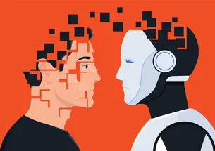 RESEARCH_Humans and AI.jpg Illustration of a human and a humanoid robot facing each other, with fragmented geometric shapes around their heads suggesting the intersection of human thought and artificial intelligence. The human is shown in warm peach tones, while the robot is rendered in cool white, blue, and dark gray against a bright orange background.