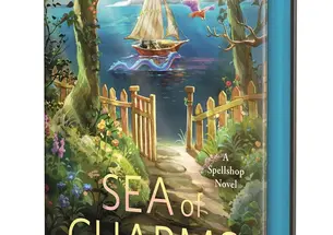 A path with flowers, trees and a wooden fence leading to the water with a ship and sea serpent in the foreground