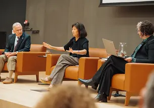 Artist Maya Lin, center, with professors David Wilcove *85 and Rachael DeLue, spoke at Briger Hall on Tuesday as Princeton celebrated the opening of her new exhibit, &ldquo;What Is Missing? What If?&rdquo;