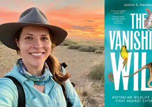 Justine Hausheer wears an Australian wide-brimmed hat in front of a scrubby landscape and orange sunset. The cover of her book is teal with illustrations of Australian animals.