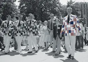 Members of the Class of ’51 march in the 1976 P-rade wearing their red, white, and blue jackets