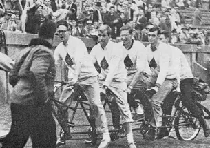 The Ivy five failed in their attempt to cycle to the Yale game, but that didnât stop them from taking a victory lap. (PAW Archives)