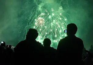 A crowd watches green fireworks.
