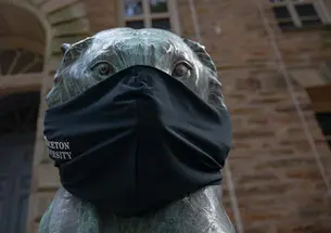 A bronze tiger statue in front of Nassau Hall wears a black face mask.