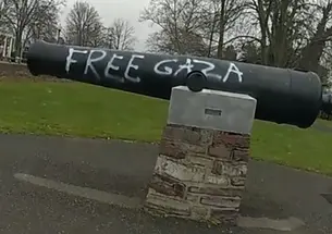 Free Gaza graffiti on the cannon at Cannon Dial Elm Club