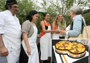 President Tilghman congratulates the winners of the "Iron Tiger" cake contest. Their design, inset, featured the motto "Under Shirley's power we flourish."