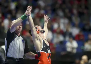 Princeton’s Pat Glory celebrates his NCAA semifinal win 
