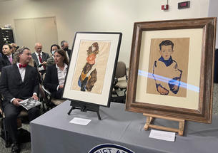 Works of art by Austrian artist Egon Schiele on display at the Manhattan District Attorney's Office