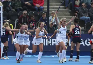 Beth Yeager ’26 (No. 17 in white) celebrates scoring a goal during the United States’ Women's FIH Hockey Pro League match against Great Britain on June 1. 