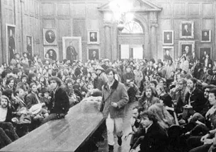 Student activists and supporters are shown at a meeting in the Faculty Room of Nassau Hall — one of several events following the Walter Hickel incident. Barry Wechsler ’73 took this photo, which ran in the April 28, 1970, PAW.