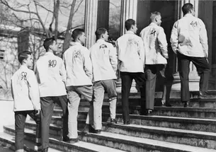 Members of the classes of 1944 through 1950 on the steps of Clio Hall.