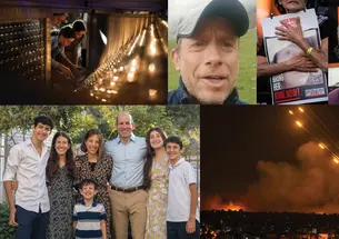 A collage of photos of Princetonians in Israel and AP photos from the conflict showing people lighting candles and rockets flying.