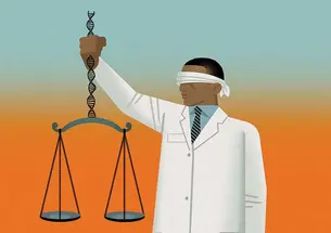 Illustration of blindfolded man holding a scale