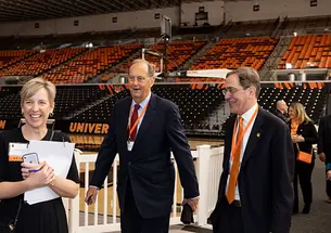 Former U.S. Sen. Bill Bradley ’65 (left), who was a star basketball player with the New York Knicks, walks to the lunch in 2019 with President Christopher Eisgruber ’83.