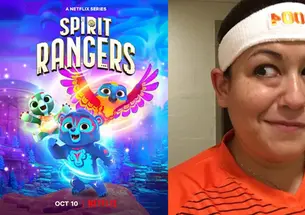 The left side is a poster for Spirit Rangers, showing the characters as brightly colored animals; the right side is Carlee Malemute ’04.
