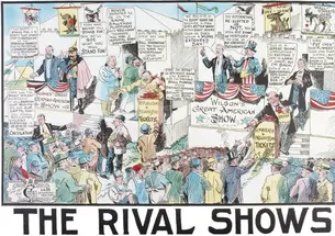 This 1916 drawing from the Carey Cartoon Service depicts politics as a carnival. The cartoon delivers many images and punchlines, depicting Woodrow Wilson, Republican Charles Evans Hughes, and Theodore Roosevelt, among others.