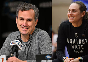From left, men’s basketball coach Mitch Henderson ’98 and women’s basketball coach Carla Berube